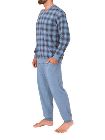 NORMANN Langarm Schlafanzug Bündchen Jersey und karierten Pyjama Oberteil in blau