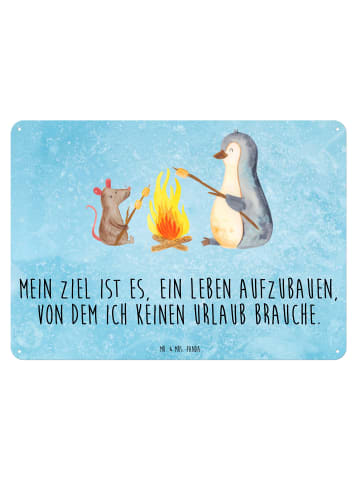 Mr. & Mrs. Panda Blechschild Pinguin Lagerfeuer mit Spruch in Eisblau