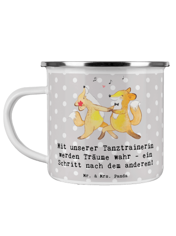 Mr. & Mrs. Panda Camping Emaille Tasse Tanzen Trainerin mit Spruch in Grau Pastell