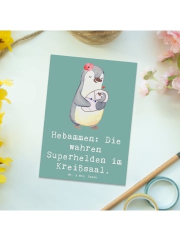 Mr. & Mrs. Panda Postkarte Hebamme Superhelden mit Spruch in Meeresbrise