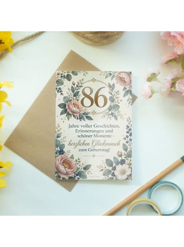 Geburtstagskarte 86. Geburtstag Blume elegant D... in Weiß