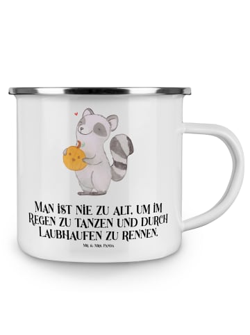 Mr. & Mrs. Panda Camping Emaille Tasse Waschbär Kürbis mit Spruch in Weiß