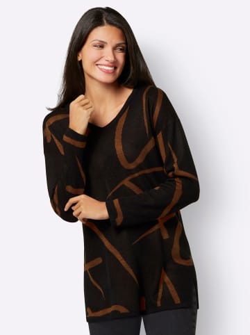 Sieh an! Longpullover in schwarz-cognac-gemustert