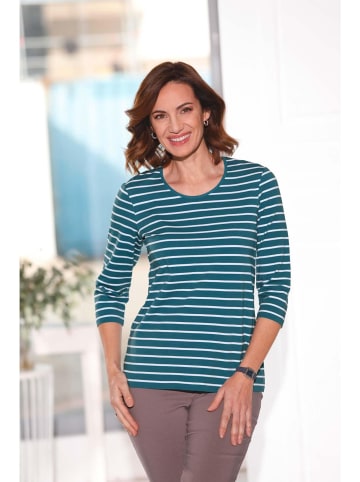 GOLDNER Kurzgröße: Jerseyshirt mit Rundhals in dunkelpetrol / weiß / geringelt