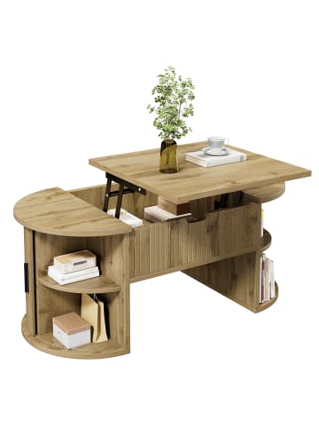 ABRIHOME Couchtisch in Eiche höhenverstellbar mit Schiebetüren und Stauraum