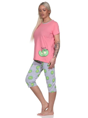 NORMANN Schlafanzug kurzarm Pyjama Capri Pyjamahose Kiwi print - 86376 in pink