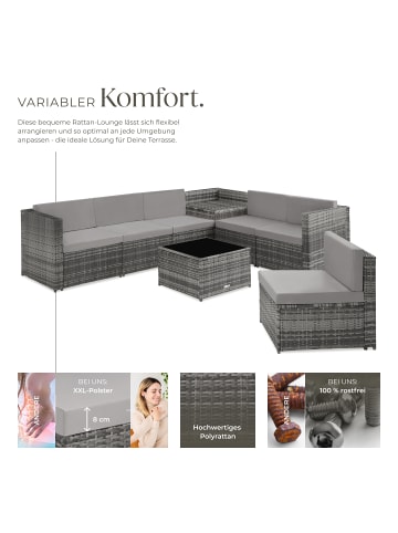tectake Rattan Lounge für 6 Personen, mit Sicherheitsglasplatte, UV-beständig