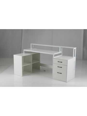 COSTWAY L-förmiger Schreibtisch mit Steckdosen in Weiß