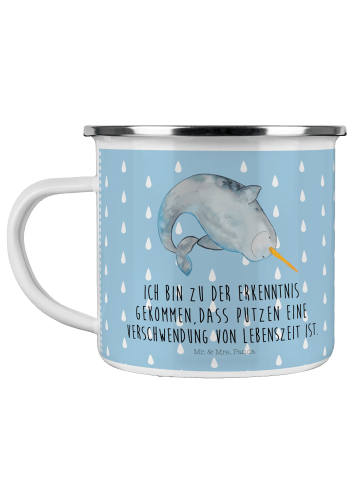 Mr. & Mrs. Panda Camping Emaille Tasse Narwal mit Spruch in Blau Pastell