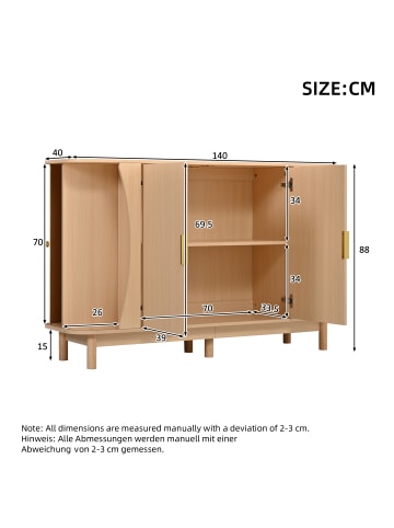 ABRIHOME Sideboard in Naturholz 140x40x88 cm mit 2 Schiebetüren Geschwungenen Kanten