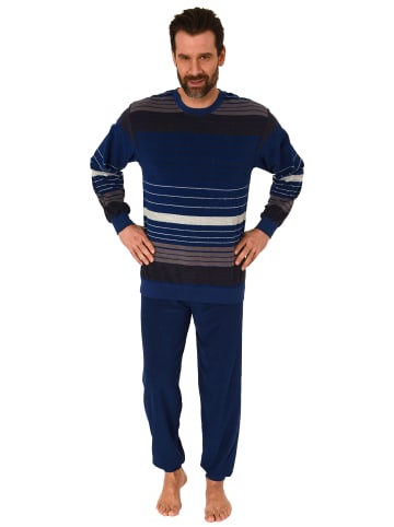 NORMANN Frottee Schlafanzug Pyjama langarm Bündchen StreifenLook - 75426 in blau