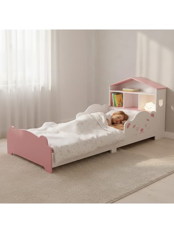 relaxdays Kinderbett "Hausform" in Weiß/ Rosa - 70 x 140 cm