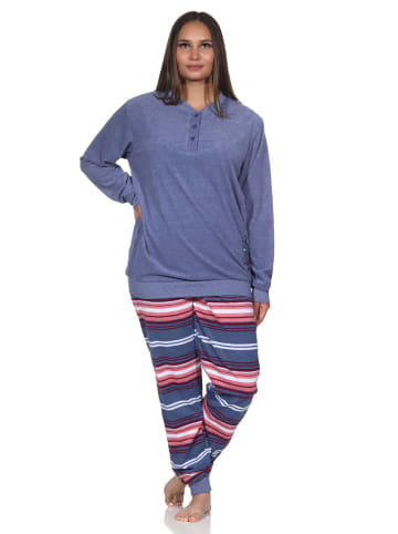 NORMANN Frottee Schlafanzug lang Bündchen Hose gestreift - 81800 in blau