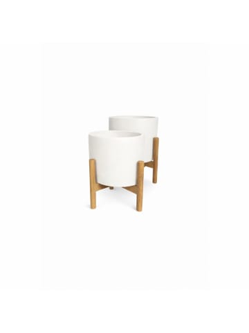 COFI 1453 Blumentopf Set 2er Weiß mit Holzständer Pflanzgefäße modern in Weiß