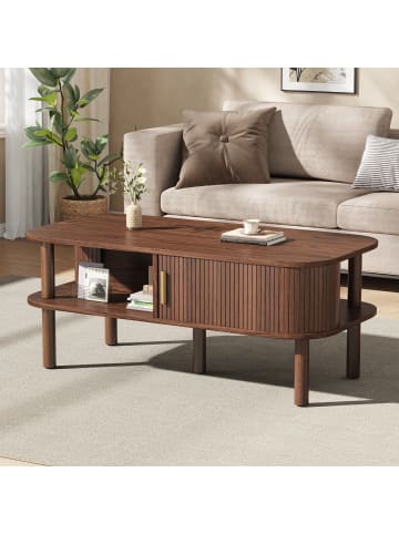 ABRIHOME Couchtisch in Walnut 110x55x45 cm mit Rolltor offenen Fächern für Wohnzimmer