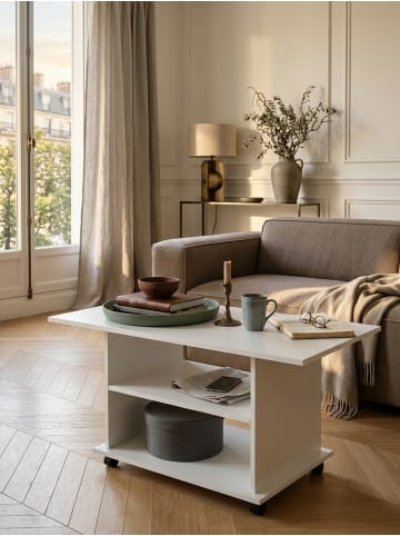 KADIMA DESIGN Couchtisch SEGRE: Stilvoll, 2 Ablageflächen, Rollen, 95x51x54,5 cm in Weiß