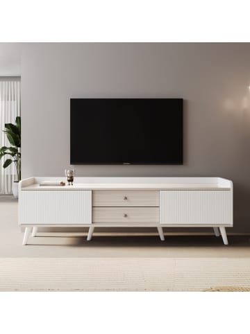 ABRIHOME TV-Schrank in Weiß und Holzoptik,mit 2 Schubladen und Schiebetüren