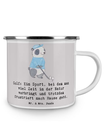 Mr. & Mrs. Panda Camping Emaille Tasse Golf Erlebnis mit Spruch in Grau Pastell