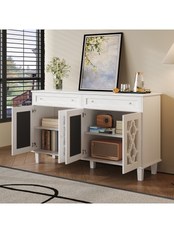 ABRIHOME Sideboard in Hochglanz Weiß mit 4 Spiegeltüren 140x40 cm und Kristallgriffen