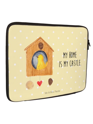 Mr. & Mrs. Panda Laptop Tasche Vogel Haus mit Spruch in Gelb Pastell