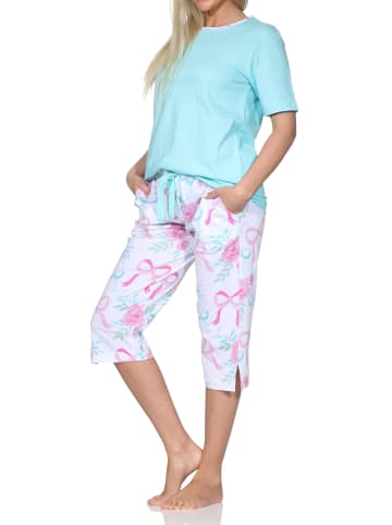 NORMANN Schlafanzug kurzarm Caprihose Pyjama Schleifen Motiv in türkis