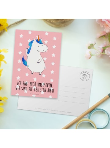 Mr. & Mrs. Panda Postkarte Einhorn Mann mit Spruch in Rot Pastell