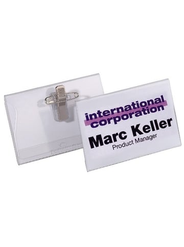 Durable Namensschilder mit Kombiklemme 40x75mm transparent Packung mit 50 S...