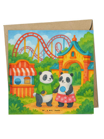 Mr. & Mrs. Panda Glückwunschkarte Pandas Freizeitpark besuchen D... in Weiß