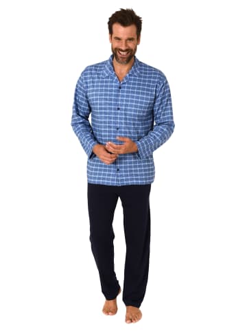 NORMANN Pyjama Schlafanzug lang zum durchknöpfen Karo - 71684 in hellblau