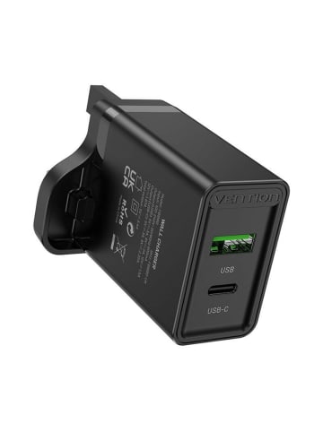Vention UK-Netzladegerät mit 2 Anschlüssen USB-A und USB-C (18W/20W) in Schwarz