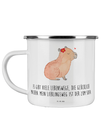 Mr. & Mrs. Panda Camping Emaille Tasse Capybara Blume mit Spruch in Weiß