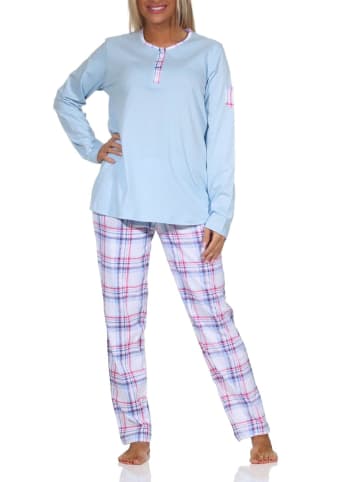 NORMANN Schlafanzug langarm Pyjama karierter Hose Jersey - 84740 in hellblau