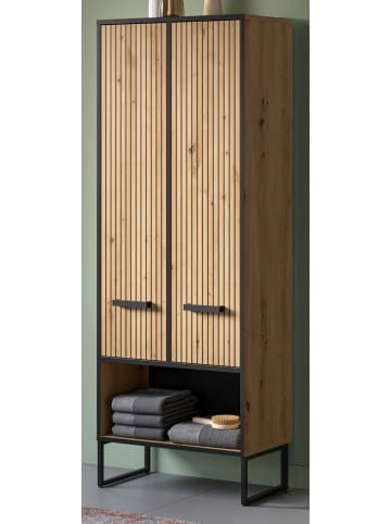 Inn.Furn Hochschrank Eiche Artisan, schwarz 59 cm, Badezimmer Schrank mit Soft-Close