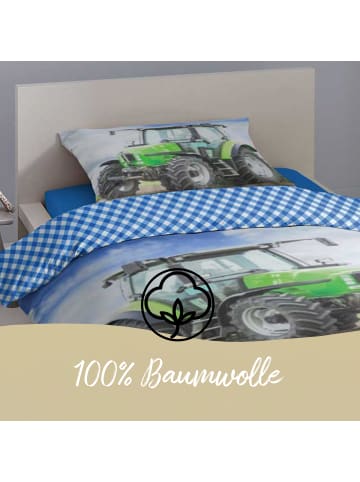 Traumschloss Flanell Kinder Bettwäsche - Strong - Trecker mit Pflug in blau
