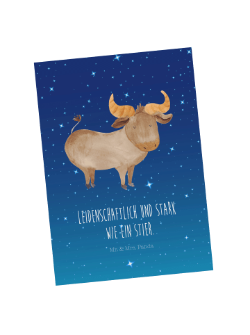 Mr. & Mrs. Panda Postkarte Sternzeichen Stier mit Spruch in Sternenhimmel Blau