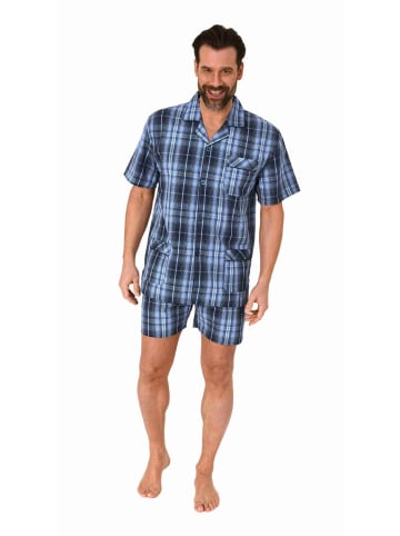 NORMANN kurzarm Schlafanzug Shorty Pyjama gewebt zum Knöpfen - 80172 in blau