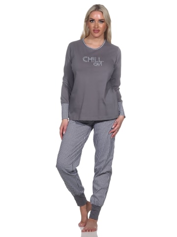NORMANN Schlafanzug langarm Bündchen Hose PepitaLook Top - 78467 in grau