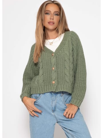 SASSYCLASSY Zopfstrick-Cardigan mit Knopfleiste in Salbeigrün