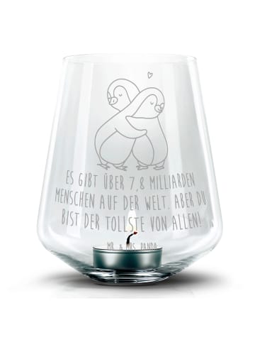 Mr. & Mrs. Panda Graviertes Windlicht Pinguine Kuscheln mit Spruch in Transparent