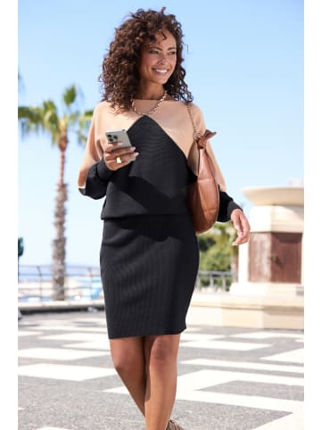 LASCANA Strickkleid in sand-schwarz