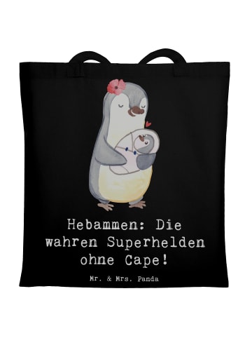 Mr. & Mrs. Panda Tragetasche Hebamme Superheld mit Spruch in Schwarz