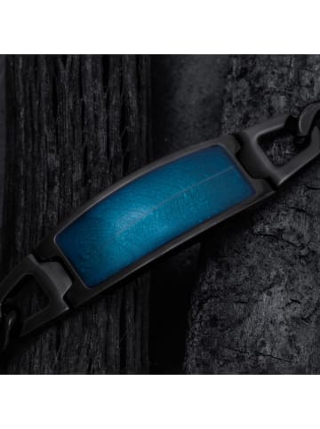 Holzkern Herrenarmband Edelstahl Modulus Blatt Blau/Schwarz