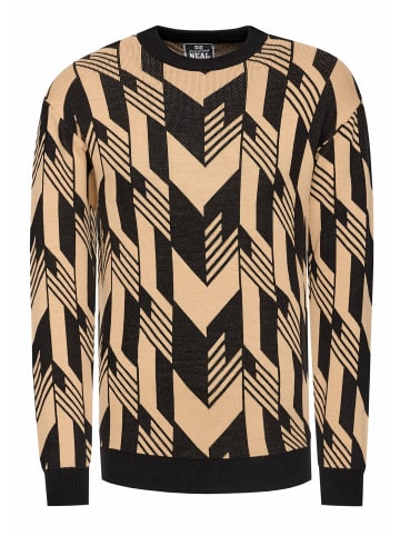 Rusty Neal Kontrast Feinstrick Rundhals-Pullover in Schwarz / Camel