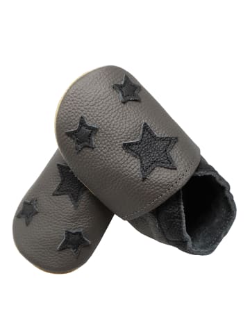 Yihakids Baby Leder Krabbelschuhe, Grau, mit rutschfester harter Sohle - Sternenmuster