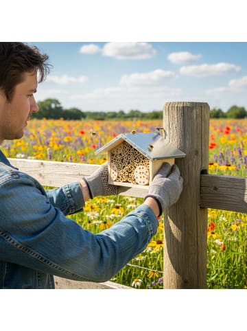 relaxdays Bienenhotel "Pappröhrchen" in Natur/ Silber - (B)23 x (H)17 x (T)20 cm
