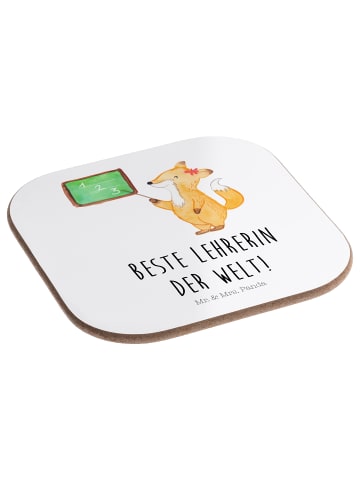 Mr. & Mrs. Panda Glasuntersetzer Fuchs Lehrerin mit Spruch in Weiß