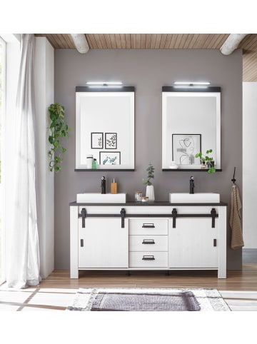Furn.Design Badmöbel-Set weiß Pinie, anthrazit Landhaus, Doppelwaschtisch mit Waschbecken