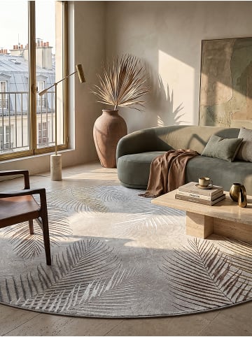 KADIMA DESIGN Teppich rund Floral pflegeleicht Wohnzimmer Schlafzimmer Flur Esszimmer in Grau