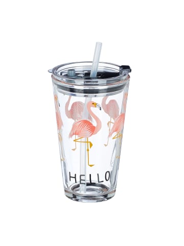 relaxdays 4x Glasbecher "Flamingo" in Transparent/ Pink - 450 ml