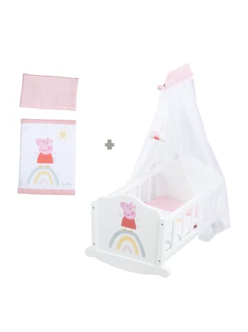 roba Holz-Puppenwiege Peppa Pig – weiß/rosa, mit Decke, Kissen & Himmel